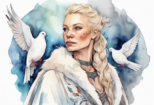 a 40-year-old Norse woman with blonde  hair wearing a white fur cloak with a dove on her shoulders tattoo idea