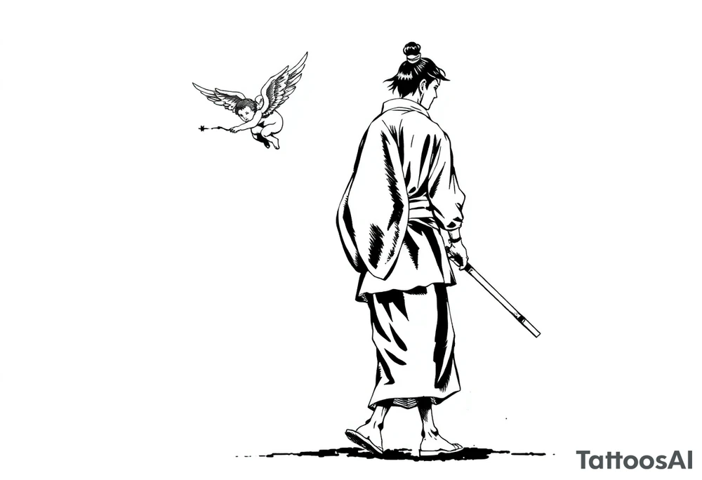 A solemn Japanese samurai (or ronin) in traditional hakama and kimono, walking in profile view. A small winged cherub or angel is floating behind him, reaching out with its hand towards his back. Black and white ink sketch, high contrast, monochrome, manga style, clean lines, dynamic composition, with ink splatter details on a white background. --ar 1:1 tattoo idea