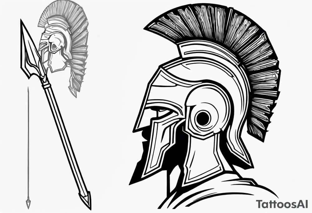 rectangular landscape format ultra-fine line linework vector of a spartan from the side, spartan spear, spartan shield, laurel wreath tattoo idea