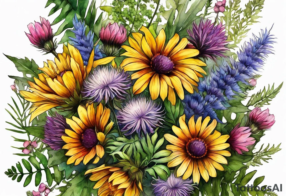 spread out mixed wildflower bouquet with ferns, thistle and with color tattoo idea
