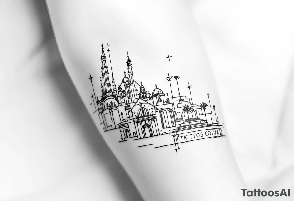 Creative barcelona architecture leg sleeve tattoo idea