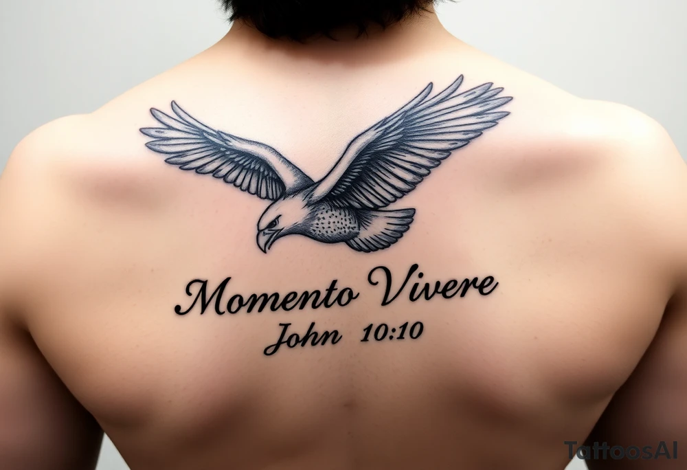 realistic eagle in flight, the words Momento Vivere and John 10:10 tattoo idea