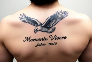 realistic eagle in flight, the words Momento Vivere and John 10:10 tattoo idea