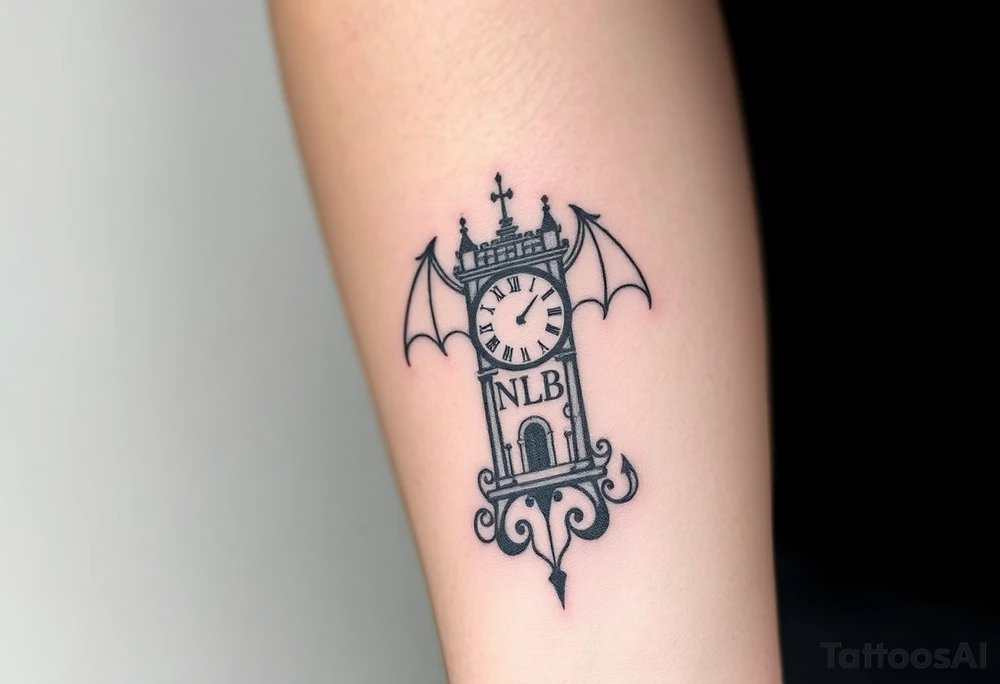 Demon baby clock tower with the the word NLB tattoo idea