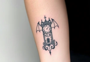 Demon baby clock tower with the the word NLB tattoo idea