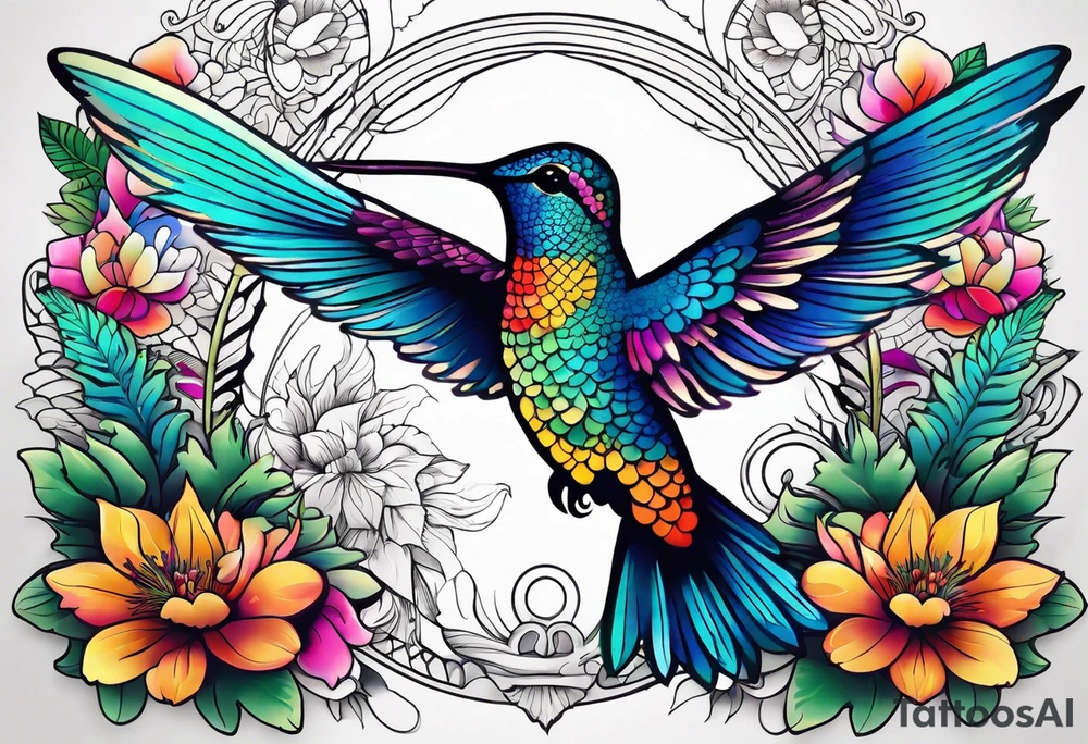 Hummingbird with mandala and flowers background, fern leaves tattoo idea