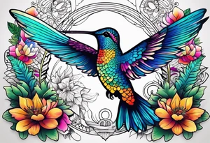 Hummingbird with mandala and flowers background, fern leaves tattoo idea