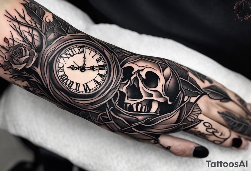 tattoo sleeve, tree roots break out of the chains at the bottom of the hand, Symbolizing loss, an image of a broken mask, Clock with flying numbers, girl, skull, roses tattoo idea