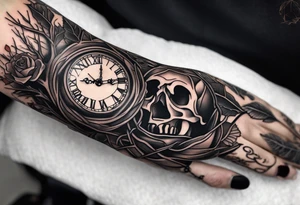 tattoo sleeve, tree roots break out of the chains at the bottom of the hand, Symbolizing loss, an image of a broken mask, Clock with flying numbers, girl, skull, roses tattoo idea