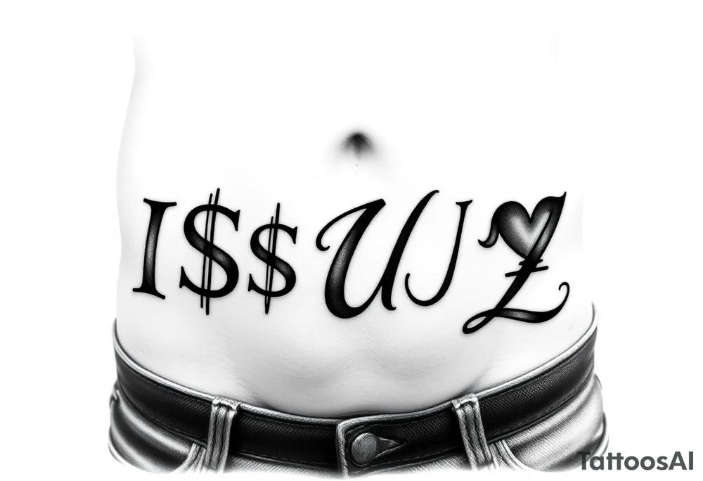 It'll be a large tattoo cross my stomach kind of arched like the old white trash tattoos you'd see like in the 90s. The word it's going to be I S $ U ə Z the second s is going to be money signed backwards the E is going to be backwards and kind of tilted more like like the Internet Explorer e or maybe it's Intel or something like that these going to be lowercase and backwards kind of tilted tattoo idea