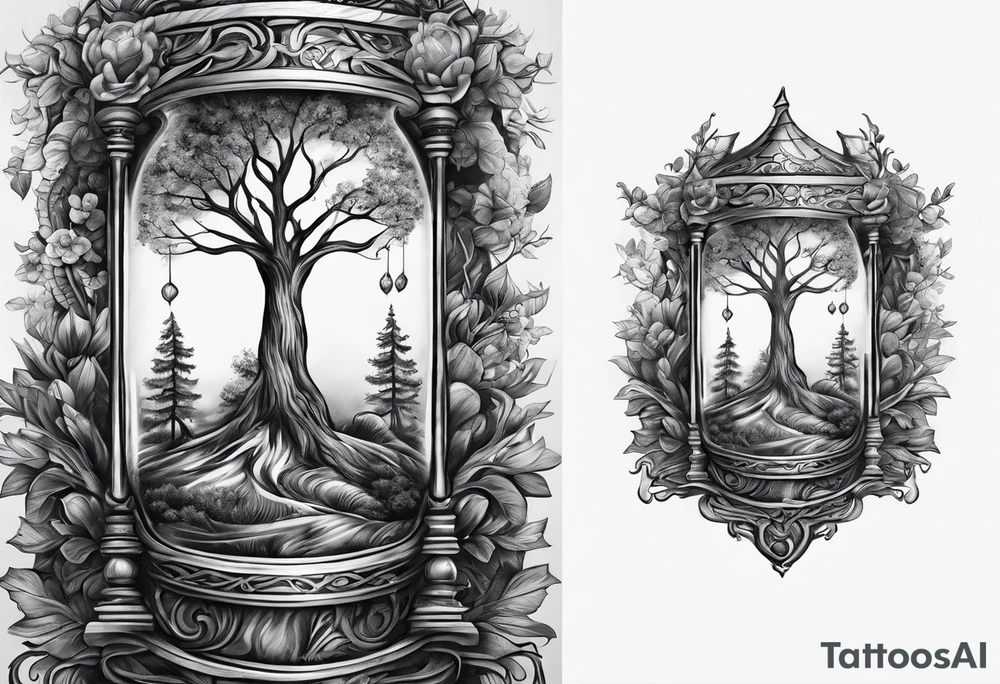 tattoo drawing of a tree coming out of a hour glass tattoo idea