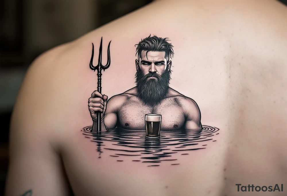 Gay guy, with no facial hairs, with trident, half way in calm water, with a beer tattoo idea