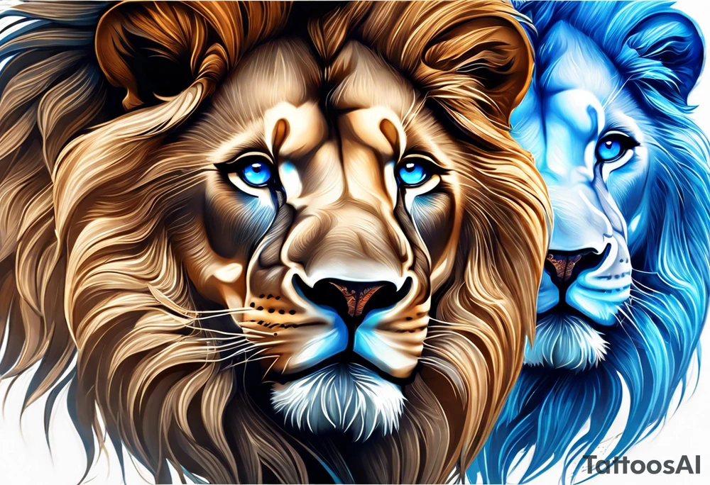 Male father lion with blue eyes. Two male cub lions one with blue eyes and the other brown. Father lion protecting cub lions. tattoo idea