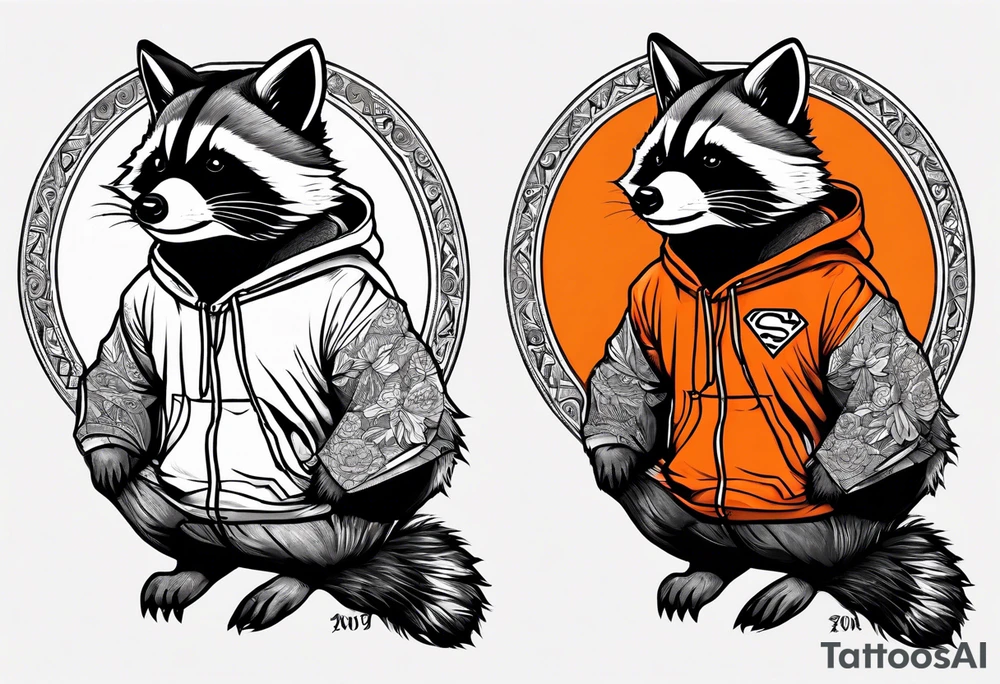 Raccoon wearing an orange Superman hoodie tattoo idea