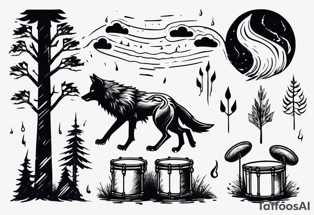 thunderstorm over a forest with a wolf howling on drums tattoo idea thunderstorm over a forest with a wolf howling on drums tattoo idea