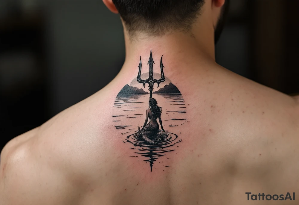 trident half way under calm water with sunset and mermaid tattoo idea