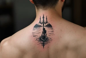 trident half way under calm water with sunset and mermaid tattoo idea