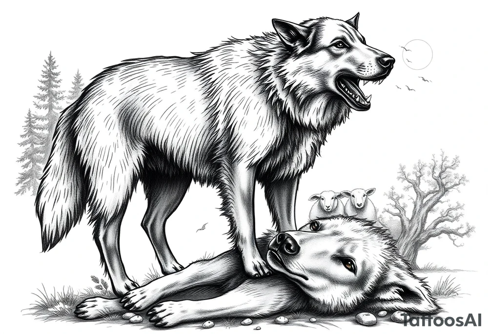 sheepdog with a bloddy mouth standing over a dying wolf with woods, sheep, and moonlight in the background tattoo idea