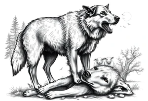 sheepdog with a bloddy mouth standing over a dying wolf with woods, sheep, and moonlight in the background tattoo idea