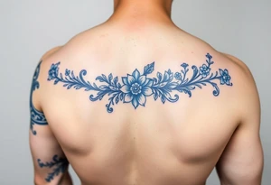 forearm sleeve porcelain blue style with ornate and floral decor with a detailed banded border at the wrist and elbow. tattoo idea