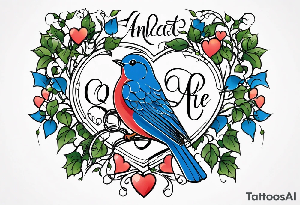 "Quisquis amat valeat, pereat quid nescit amare, bis tanto pereat quisquis amare vetat" intertwined with ivy leaves, hearts and bluebirds tattoo idea