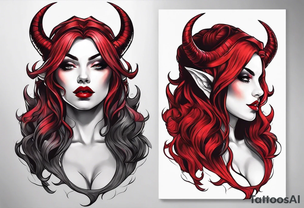 succubus with red horns in a portrait tattoo idea