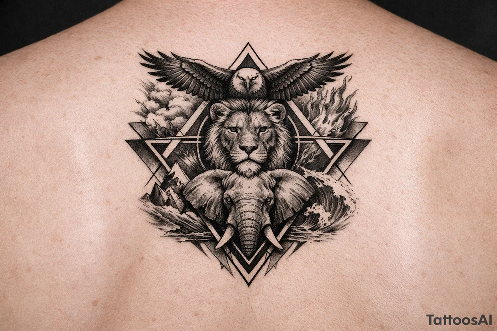 Strength, humble, honourable, respectful, being adaptable to all situations

Using animals, elements (earth wind fire water), geometric shapes tattoo idea