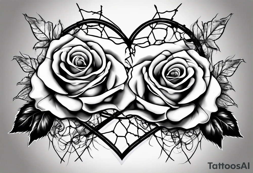 Two roses with barbed wire wrapped around them and a broken heart tattoo idea