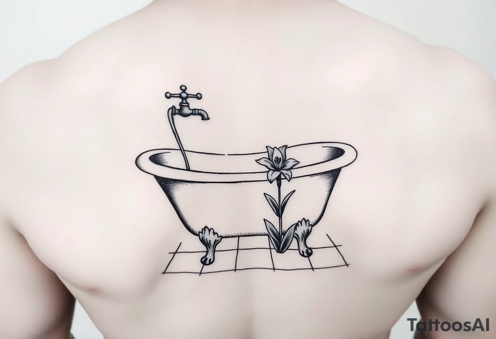 clawfoot bathtub with simple faucet and lily coming up out of the tile floor tattoo idea