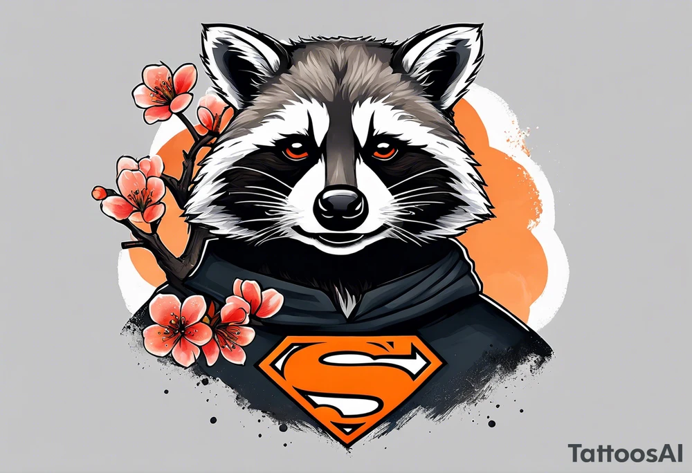 Raccoon wearing a white Superman logo on a black hoodie and orange Japanese cherry blossoms tattoo idea