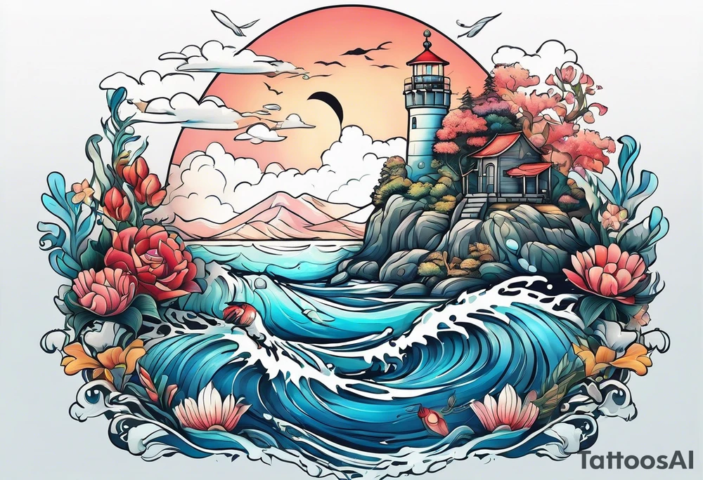 Underwater landscape with a family crest, a cat and a woman tattoo idea
