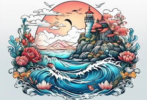 Underwater landscape with a family crest, a cat and a woman tattoo idea