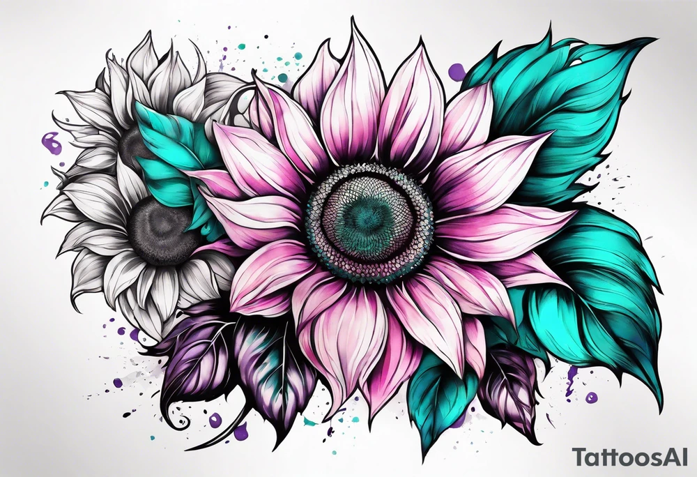 Teal, pink and purple sunflower sleeve tattoo idea