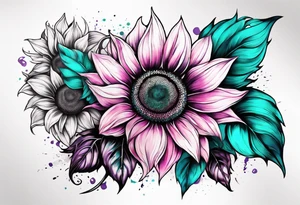 Teal, pink and purple sunflower sleeve tattoo idea