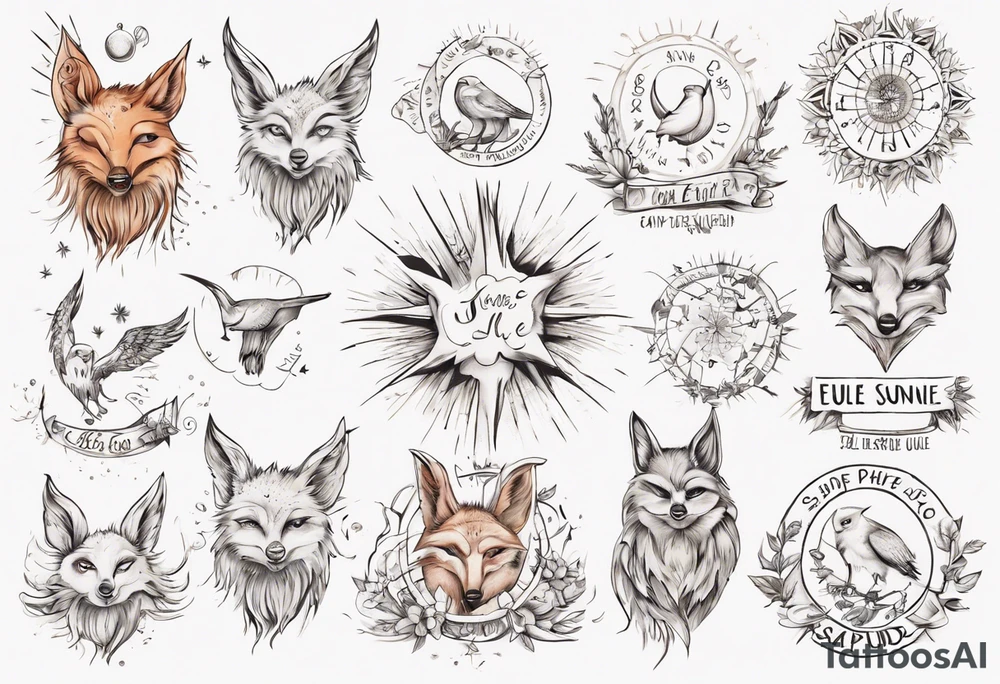 Fuchs und Eule unter der Sonne mit dem Schriftzug Sapere Aude tattoo idea