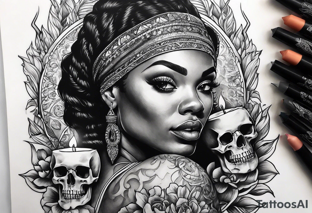 black women with skull and burning candle tattoo tattoo idea