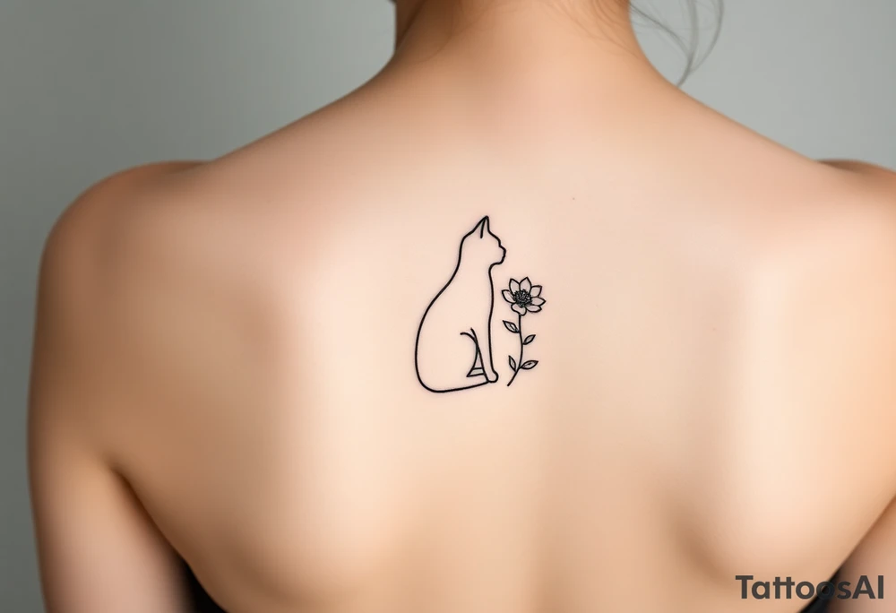 Line tattoo of a cat figure combining into a flower stem with a cute flower tattoo idea