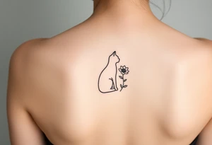 Line tattoo of a cat figure combining into a flower stem with a cute flower tattoo idea