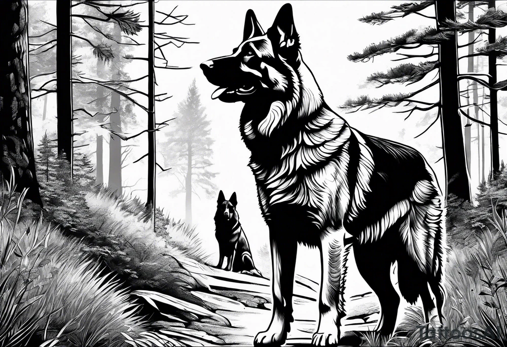 German shepherd dog walking in a forest tattoo idea