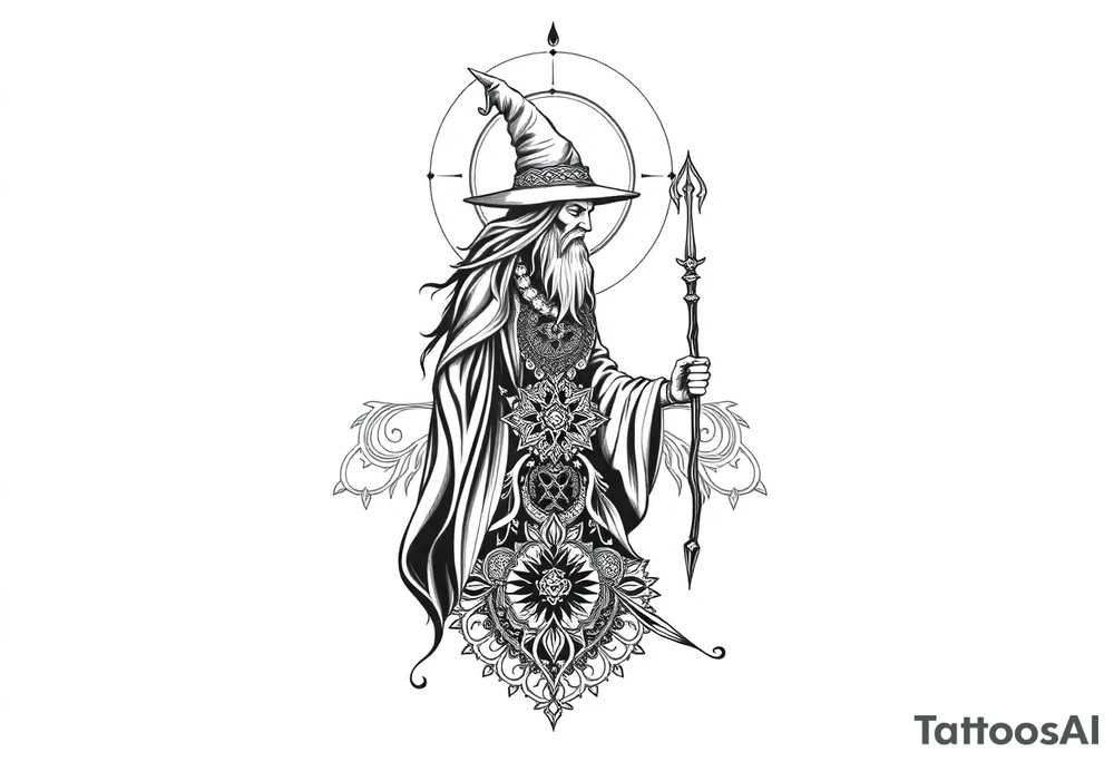 long shaman and witch abstracstyle mytical with ancient rhyme tattoo idea