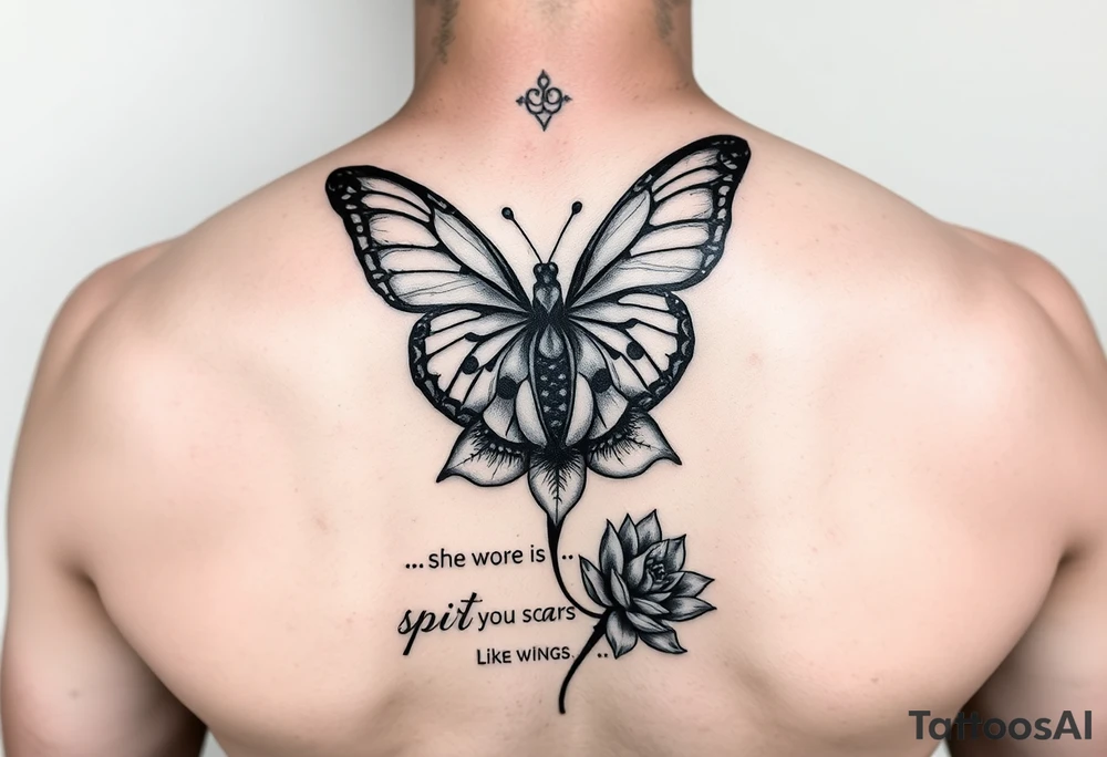 Spine tattoo that has a butterfly with cracked wings and lotus flower with quote that says she wore her scars like wings tattoo idea