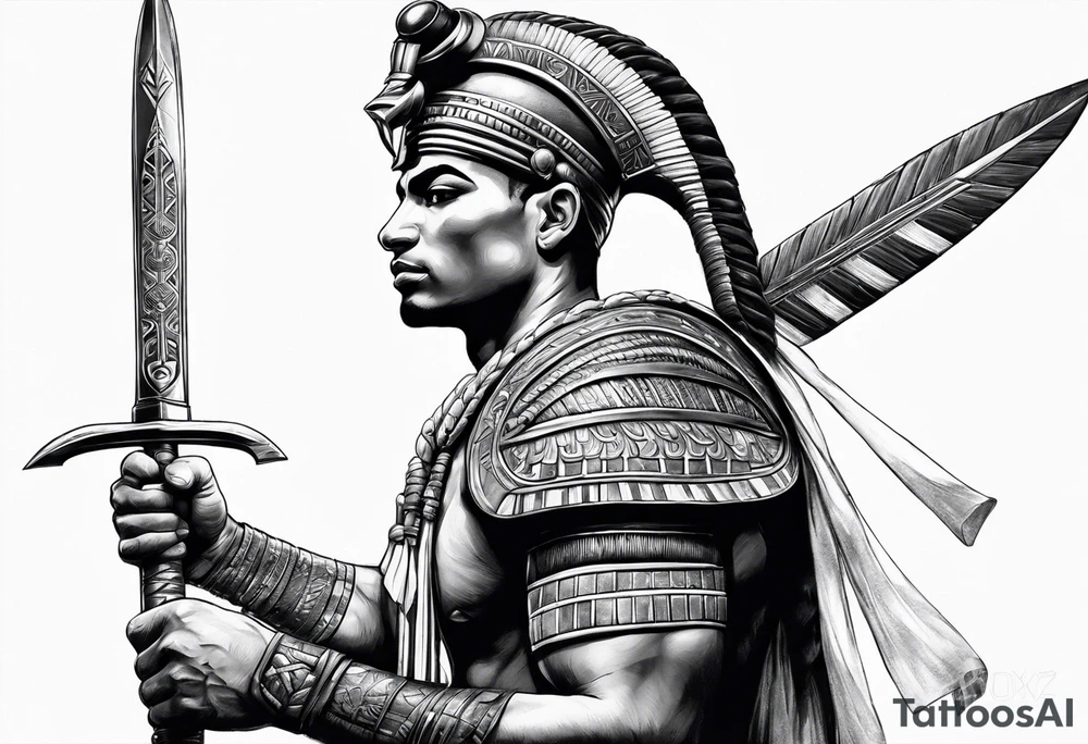 realistic egyptian warrior in profile with a sword in his hand. tattoo idea