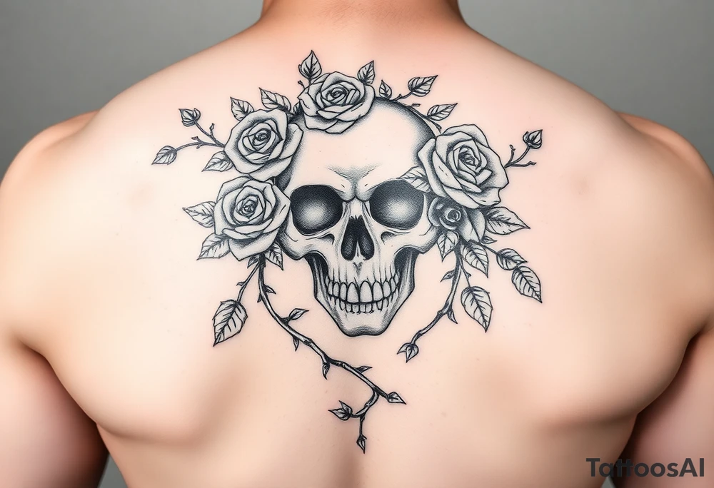 gothic skull intertwined with climbing roses and thorny vines tattoo idea