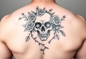 gothic skull intertwined with climbing roses and thorny vines tattoo idea