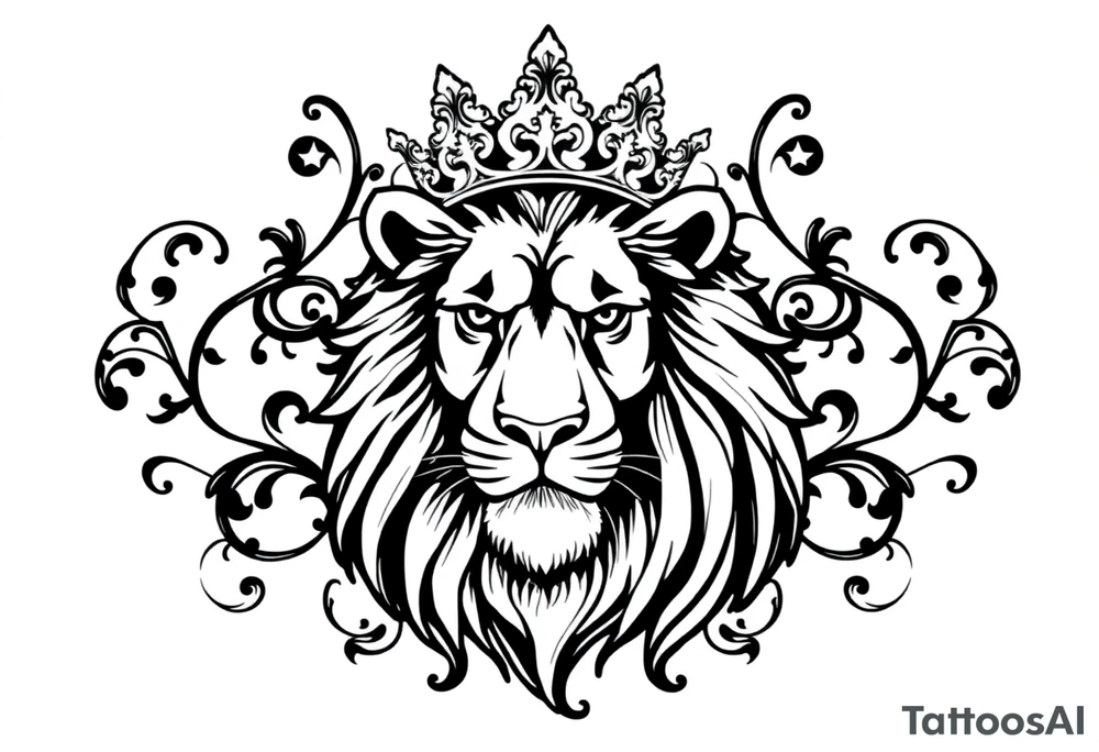 majestic lion wearing ornate crown, surrounded by baroque flourishes tattoo idea
