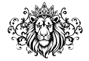 majestic lion wearing ornate crown, surrounded by baroque flourishes tattoo idea
