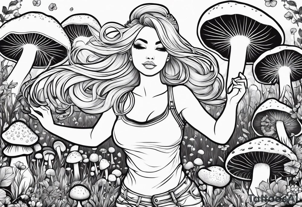 Blonde chubby Girl dancing in field of mushrooms tattoo idea