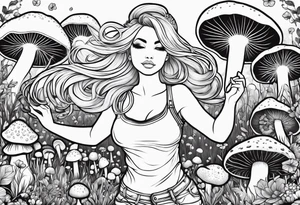 Blonde chubby Girl dancing in field of mushrooms tattoo idea