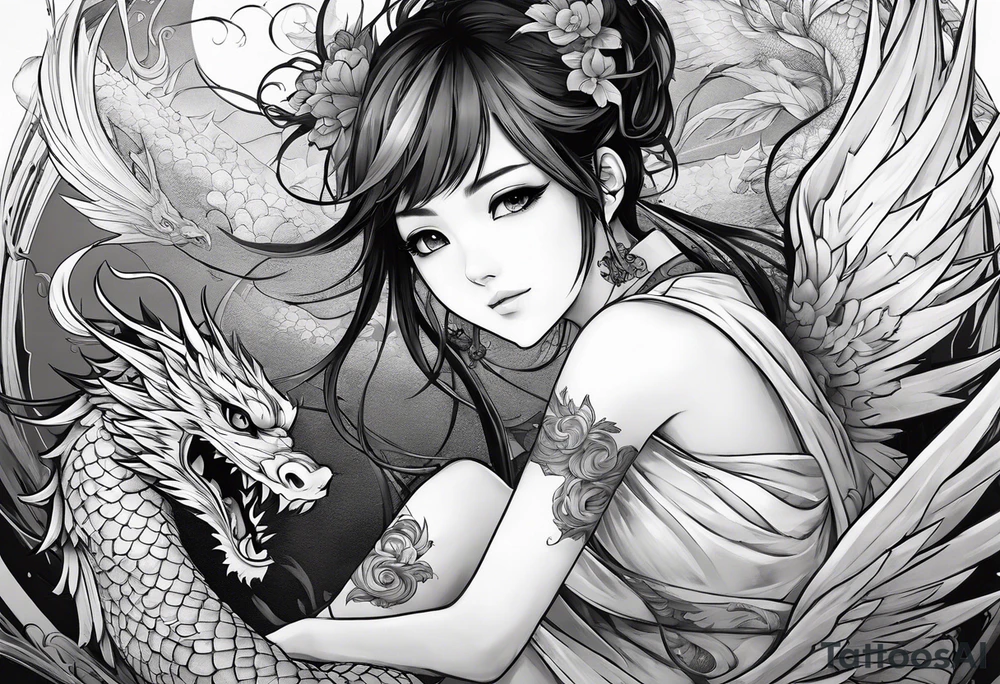 a full shot of an anime girl seen from far, sitting on a ball and surrounded by asian dragon with wings tattoo idea