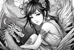 a full shot of an anime girl seen from far, sitting on a ball and surrounded by asian dragon with wings tattoo idea